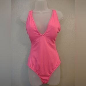 Women’s Bright Pink Ribbed One-Piece Swimsuit - Criss-Cross Back - Size Large